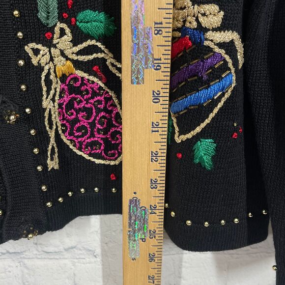 VTG Cardigan Women XL Embroidered Christmas Ornament Beaded Black Retro Sweater - Picture 9 of 12
